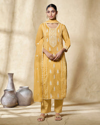 Yellow Thread Embroidery Straight Kurta With Dyed Trousers And Embroidery Dupatta