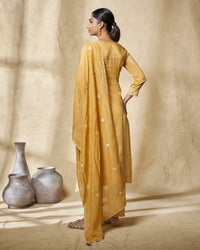 Yellow Thread Embroidery Straight Kurta With Dyed Trousers And Embroidery Dupatta
