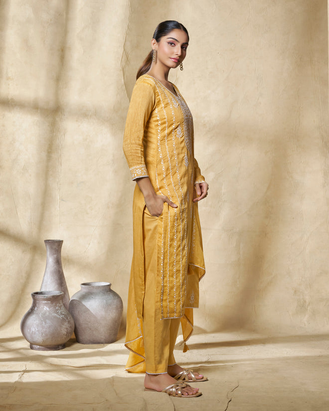 Yellow Thread Embroidery Straight Kurta With Dyed Trousers And Embroidery Dupatta