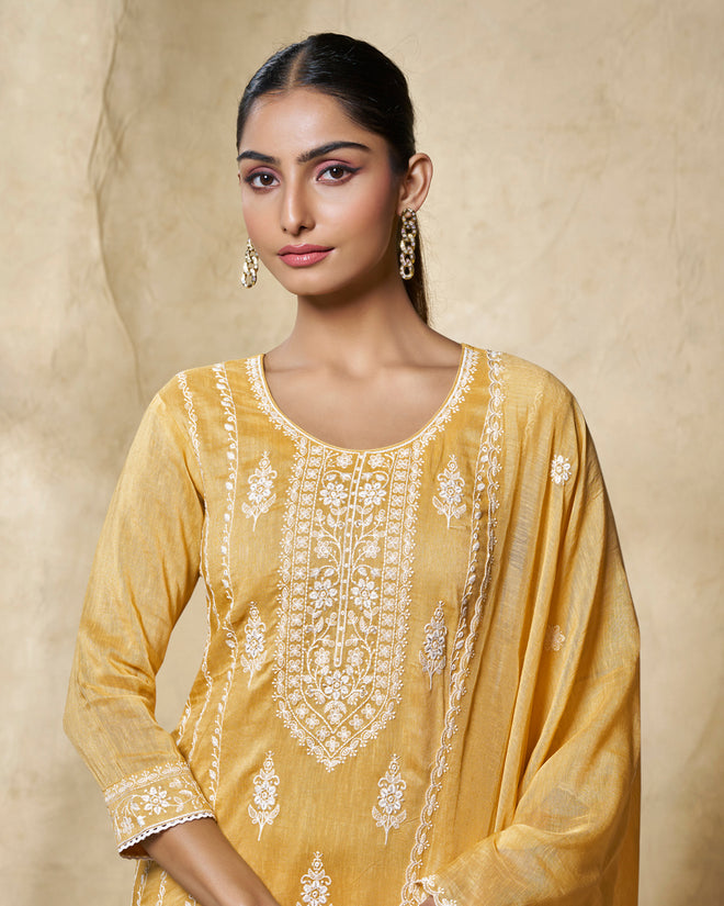 Yellow Thread Embroidery Straight Kurta With Dyed Trousers And Embroidery Dupatta