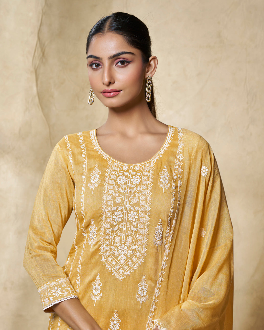 Yellow Thread Embroidery Straight Kurta With Dyed Trousers And Embroidery Dupatta