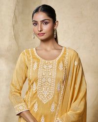 Yellow Thread Embroidery Straight Kurta With Dyed Trousers And Embroidery Dupatta
