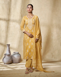Yellow Thread Embroidery Straight Kurta With Dyed Trousers And Embroidery Dupatta