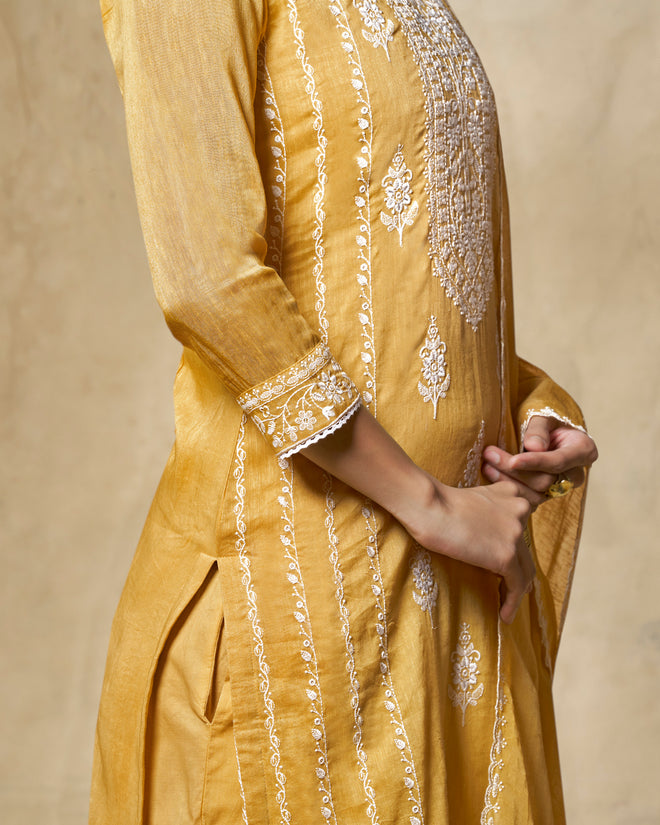 Yellow Thread Embroidery Straight Kurta With Dyed Trousers And Embroidery Dupatta