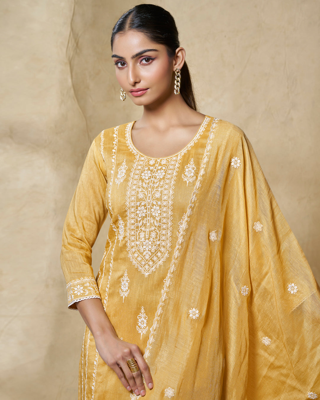 YELLOW THREAD EMBROIDERY STRAIGHT KURTA WITH DYED TROUSERS AND EMBROIDERY DUPATTA
