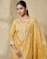 Yellow Thread Embroidery Straight Kurta With Dyed Trousers And Embroidery Dupatta