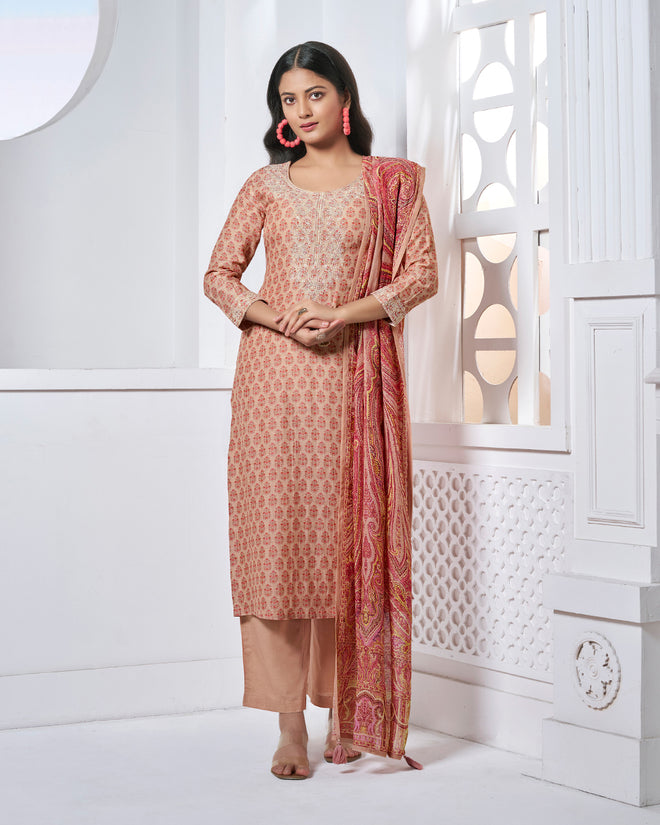 Peach Embroidery With Printed Straight Kurta With Dyed Trousers And Printed Dupatta