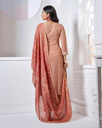 Peach Embroidery With Printed Straight Kurta With Dyed Trousers And Printed Dupatta
