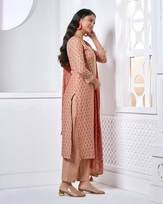 Peach Embroidery With Printed Straight Kurta With Dyed Trousers And Printed Dupatta
