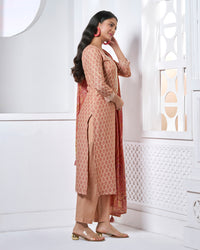 Peach Embroidery With Printed Straight Kurta With Dyed Trousers And Printed Dupatta