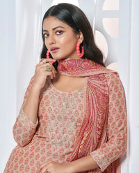 Peach Embroidery With Printed Straight Kurta With Dyed Trousers And Printed Dupatta