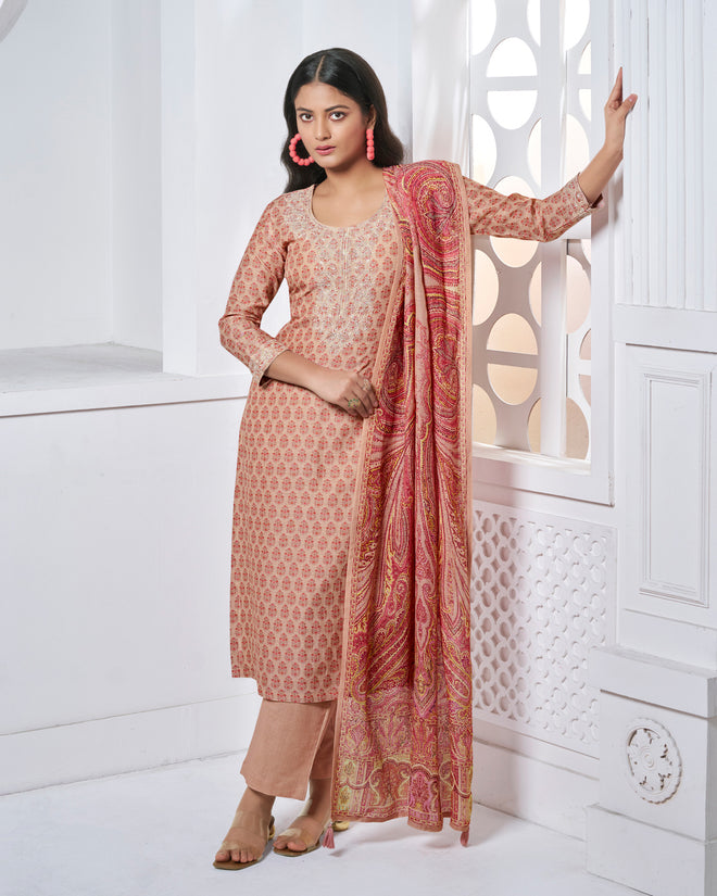 Peach Embroidery With Printed Straight Kurta With Dyed Trousers And Printed Dupatta