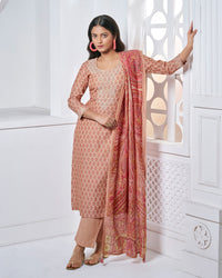 Peach Embroidery With Printed Straight Kurta With Dyed Trousers And Printed Dupatta