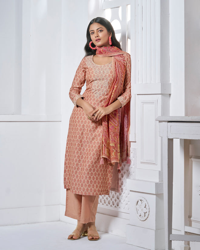 Peach Embroidery With Printed Straight Kurta With Dyed Trousers And Printed Dupatta