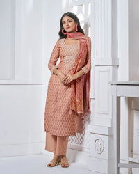 Peach Embroidery With Printed Straight Kurta With Dyed Trousers And Printed Dupatta