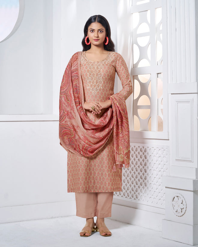 Peach Embroidery With Printed Straight Kurta With Dyed Trousers And Printed Dupatta