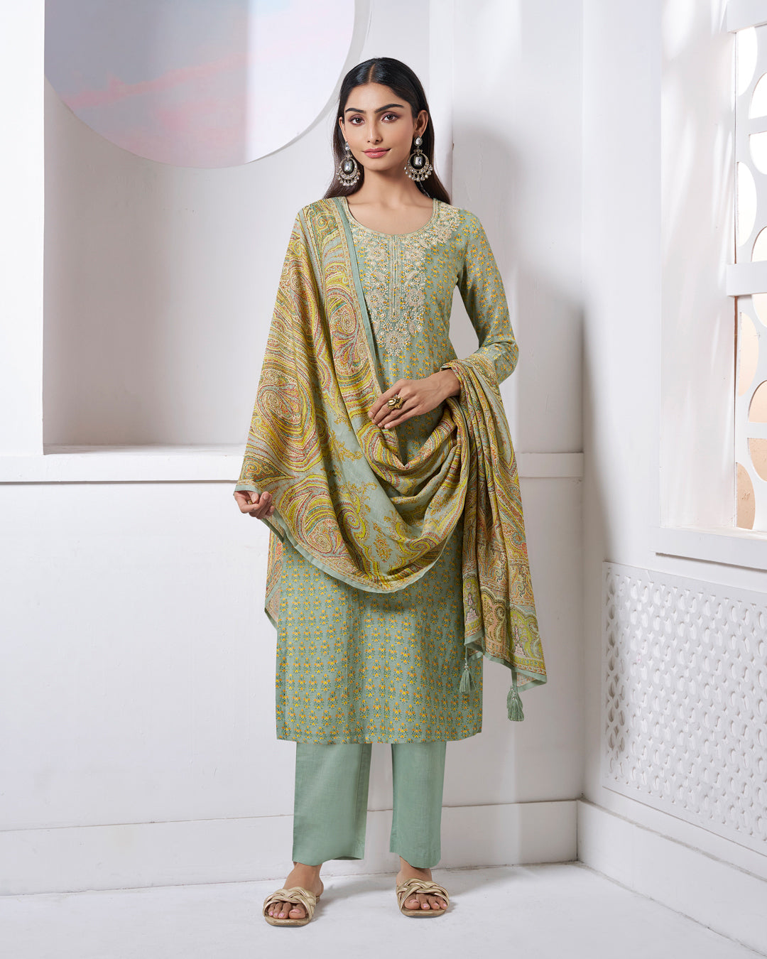 GREEN EMBROIDERY WITH PRINTED STRAIGHT KURTA WITH DYED TROUSERS AND PRINTED DUPATTA