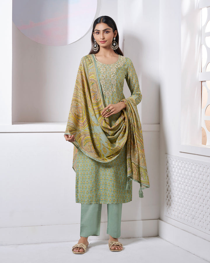 GREEN EMBROIDERY WITH PRINTED STRAIGHT KURTA WITH DYED TROUSERS AND PRINTED DUPATTA