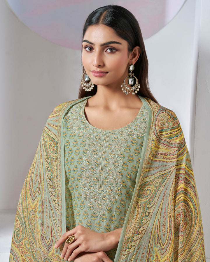 GREEN EMBROIDERY WITH PRINTED STRAIGHT KURTA WITH DYED TROUSERS AND PRINTED DUPATTA