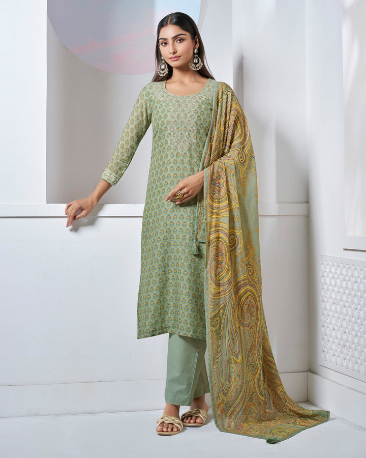 GREEN EMBROIDERY WITH PRINTED STRAIGHT KURTA WITH DYED TROUSERS AND PRINTED DUPATTA