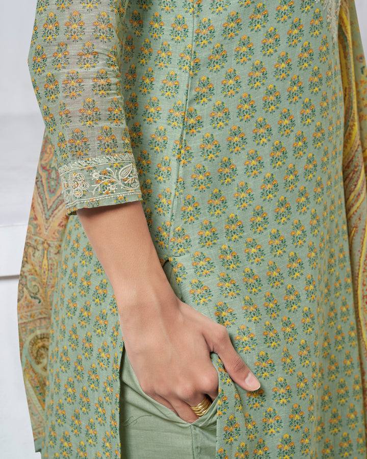 GREEN EMBROIDERY WITH PRINTED STRAIGHT KURTA WITH DYED TROUSERS AND PRINTED DUPATTA