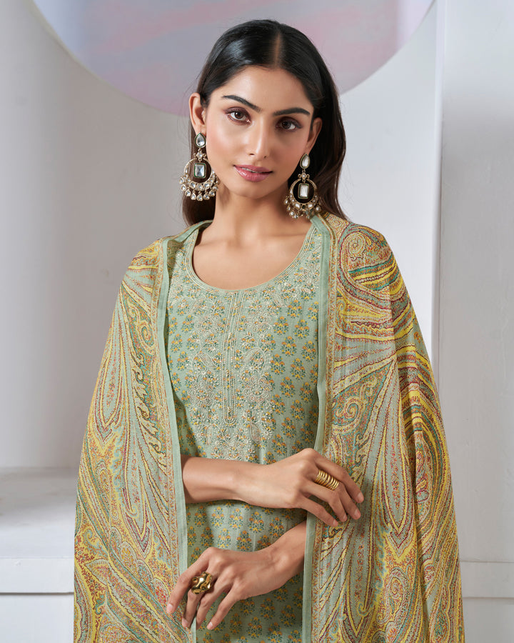 GREEN EMBROIDERY WITH PRINTED STRAIGHT KURTA WITH DYED TROUSERS AND PRINTED DUPATTA