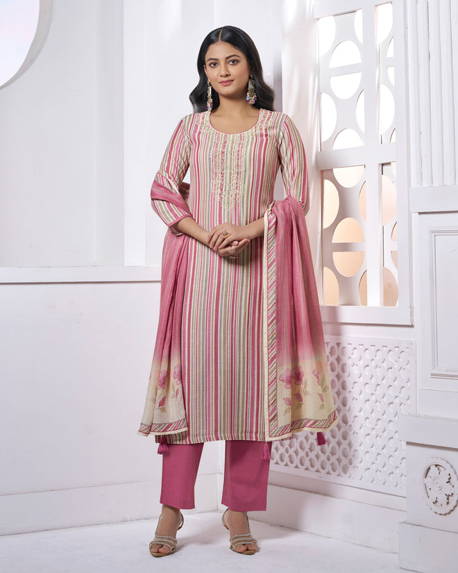 Pink Embroidery With Printed Straight Kurta With Dyed Trousers And Printed Dupatta