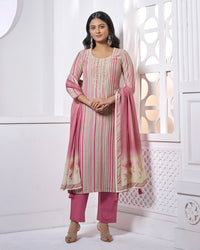 Pink Embroidery With Printed Straight Kurta With Dyed Trousers And Printed Dupatta