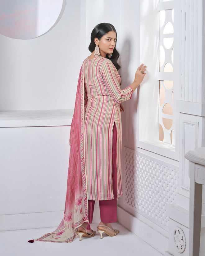 Pink Embroidery With Printed Straight Kurta With Dyed Trousers And Printed Dupatta