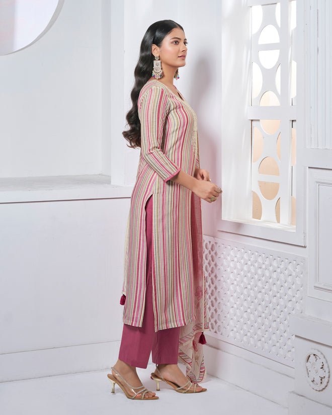 Pink Embroidery With Printed Straight Kurta With Dyed Trousers And Printed Dupatta