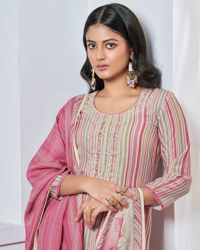 Pink Embroidery With Printed Straight Kurta With Dyed Trousers And Printed Dupatta