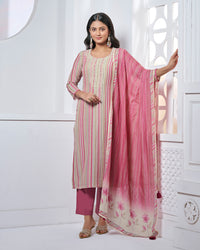 Pink Embroidery With Printed Straight Kurta With Dyed Trousers And Printed Dupatta