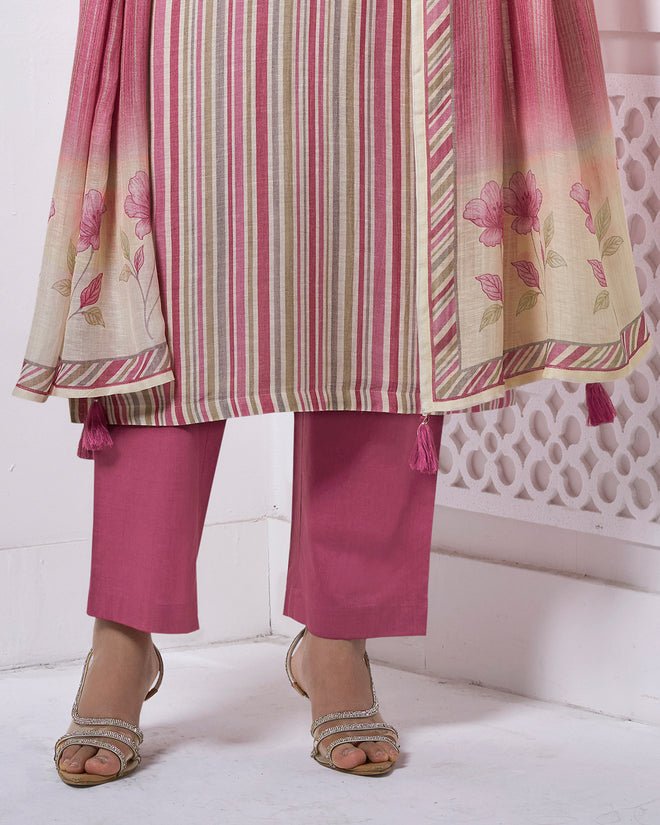 Pink Embroidery With Printed Straight Kurta With Dyed Trousers And Printed Dupatta