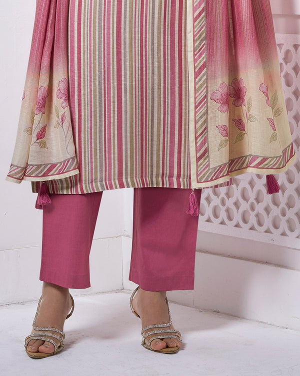 Pink Embroidery With Printed Straight Kurta With Dyed Trousers And Printed Dupatta