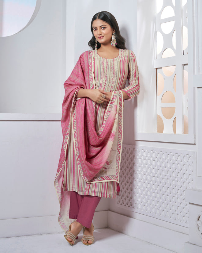 Pink Embroidery With Printed Straight Kurta With Dyed Trousers And Printed Dupatta