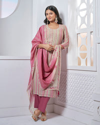 Pink Embroidery With Printed Straight Kurta With Dyed Trousers And Printed Dupatta