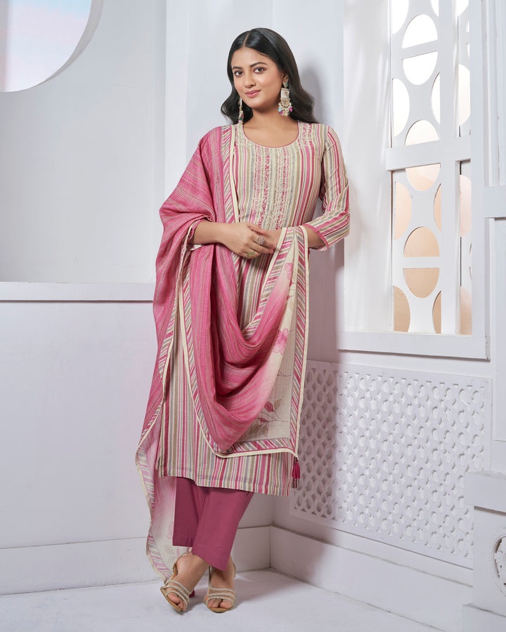 PINK EMBROIDERY WITH PRINTED STRAIGHT KURTA WITH DYED TROUSERS AND PRINTED DUPATTA
