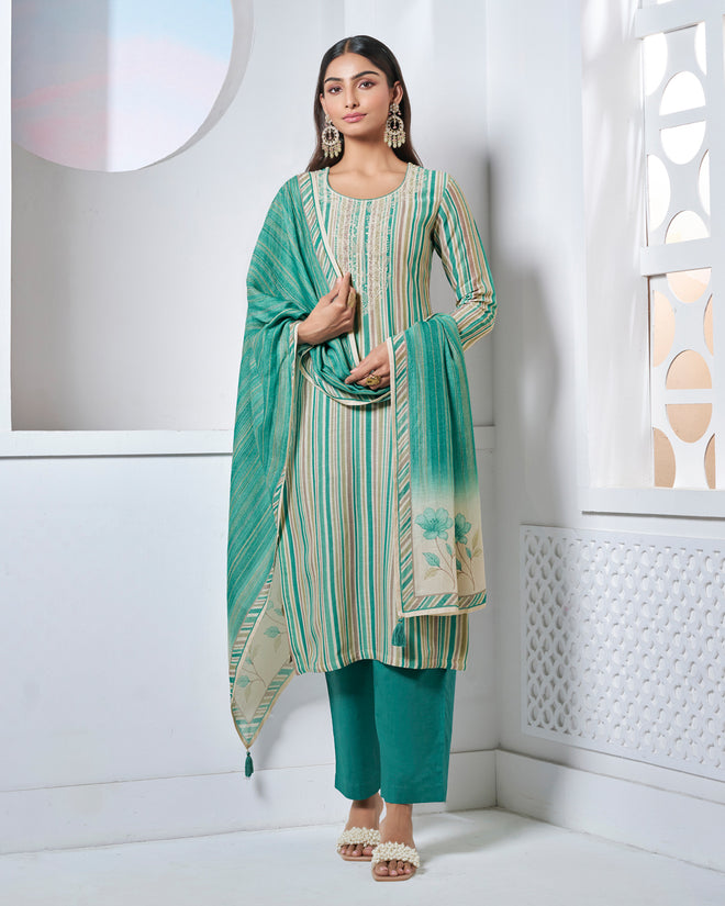 Green Embroidery With Printed Straight Kurta With Dyed Trousers And Printed Dupatta