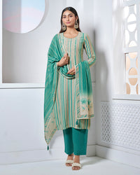Green Embroidery With Printed Straight Kurta With Dyed Trousers And Printed Dupatta
