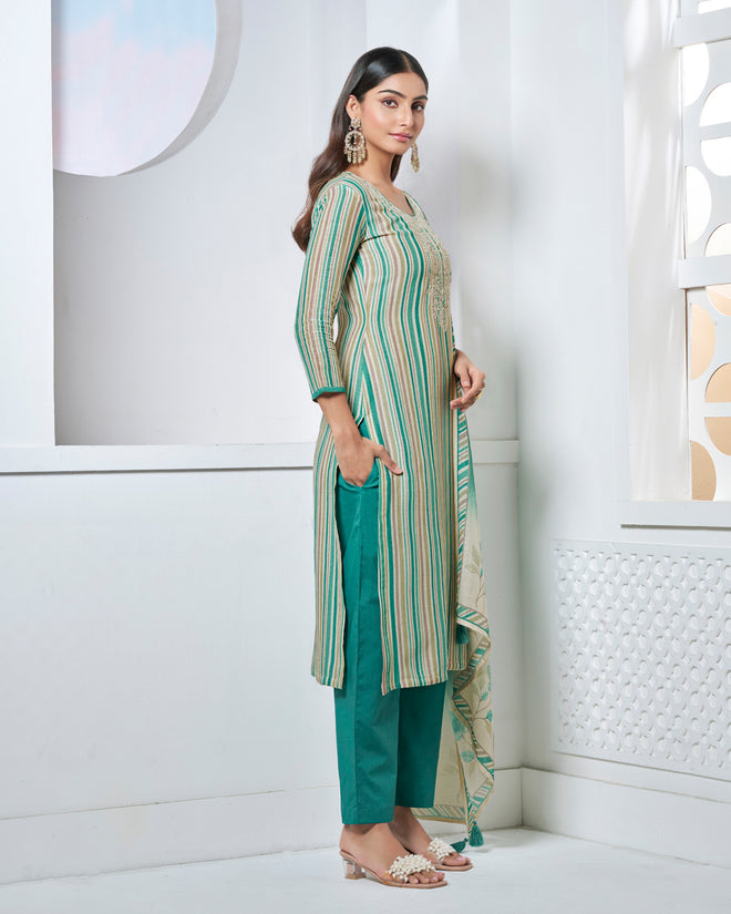 Green Embroidery With Printed Straight Kurta With Dyed Trousers And Printed Dupatta