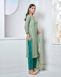 Green Embroidery With Printed Straight Kurta With Dyed Trousers And Printed Dupatta