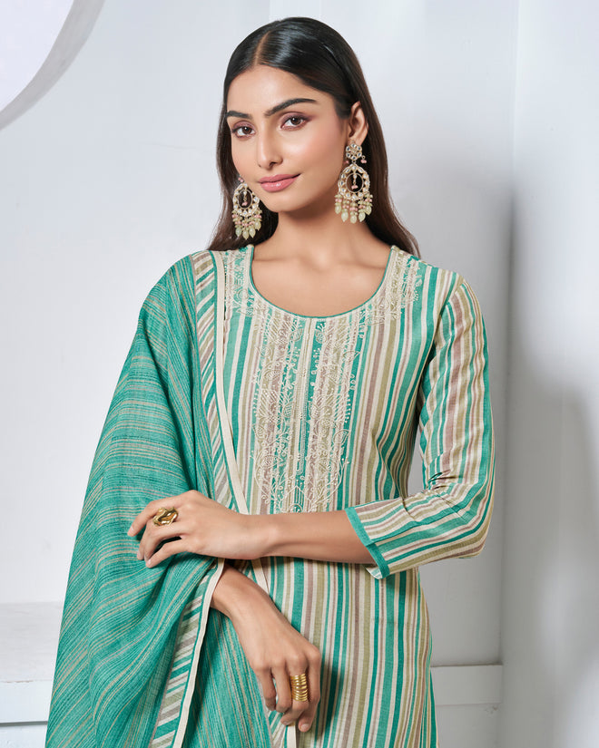 Green Embroidery With Printed Straight Kurta With Dyed Trousers And Printed Dupatta