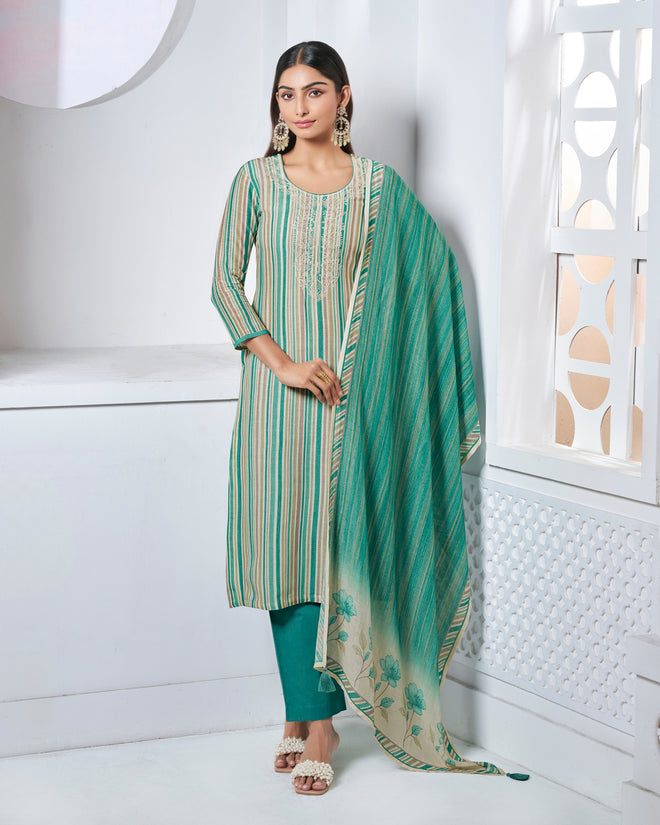 Green Embroidery With Printed Straight Kurta With Dyed Trousers And Printed Dupatta