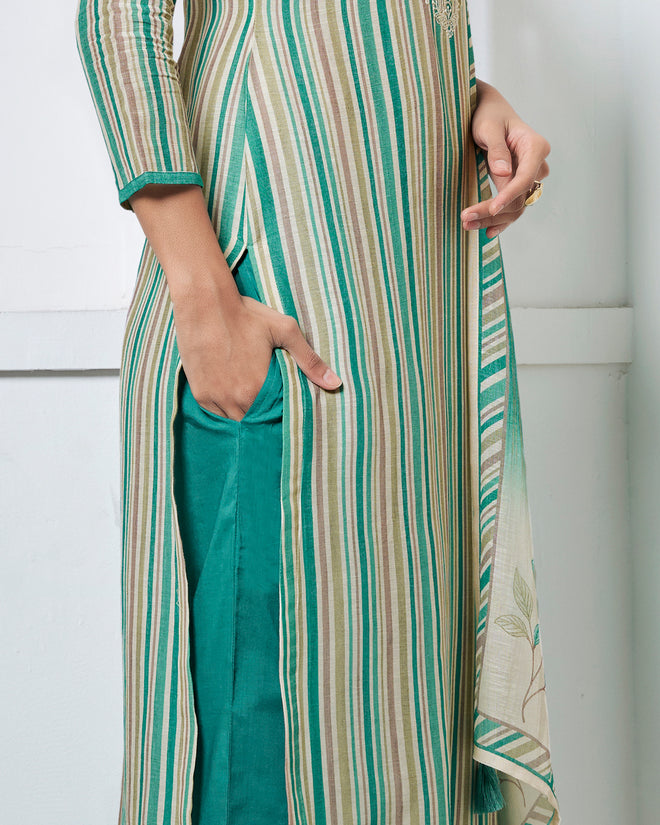 Green Embroidery With Printed Straight Kurta With Dyed Trousers And Printed Dupatta
