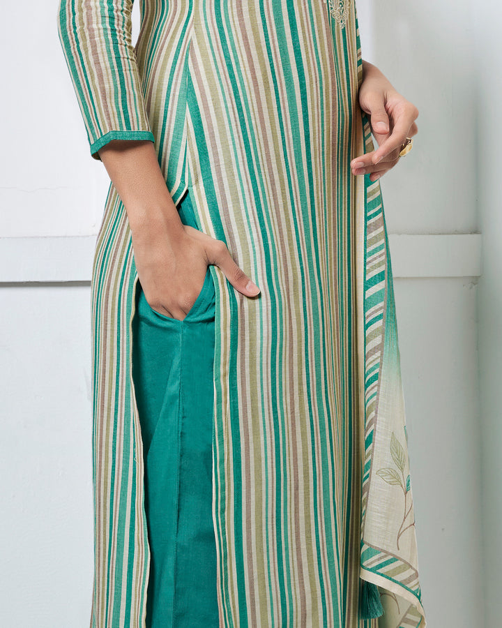 GREEN EMBROIDERY WITH PRINTED STRAIGHT KURTA WITH DYED TROUSERS AND PRINTED DUPATTA