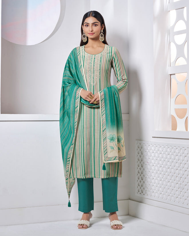 Green Embroidery With Printed Straight Kurta With Dyed Trousers And Printed Dupatta