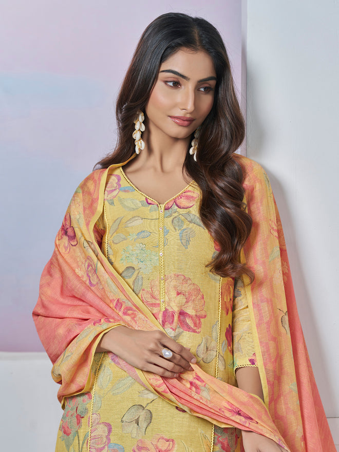 Yellow Printed With Lace Work Straight Kurta With Dyed Trousers And Printed Dupatta