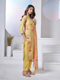 Yellow Printed With Lace Work Straight Kurta With Dyed Trousers And Printed Dupatta