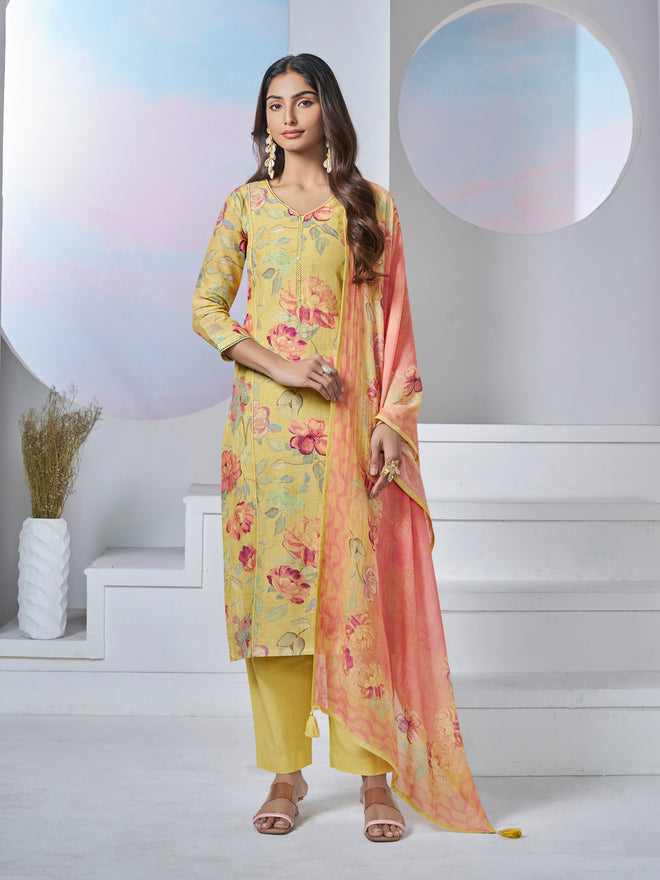 Yellow Printed With Lace Work Straight Kurta With Dyed Trousers And Printed Dupatta