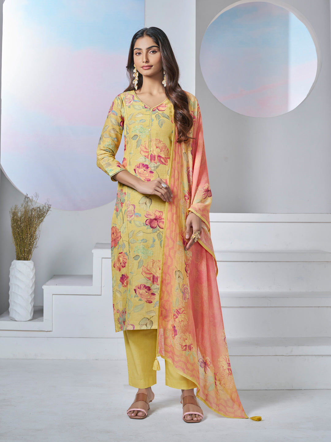 YELLOW PRINTED WITH LACE WORK STRAIGHT KURTA WITH DYED TROUSERS AND PRINTED DUPATTA